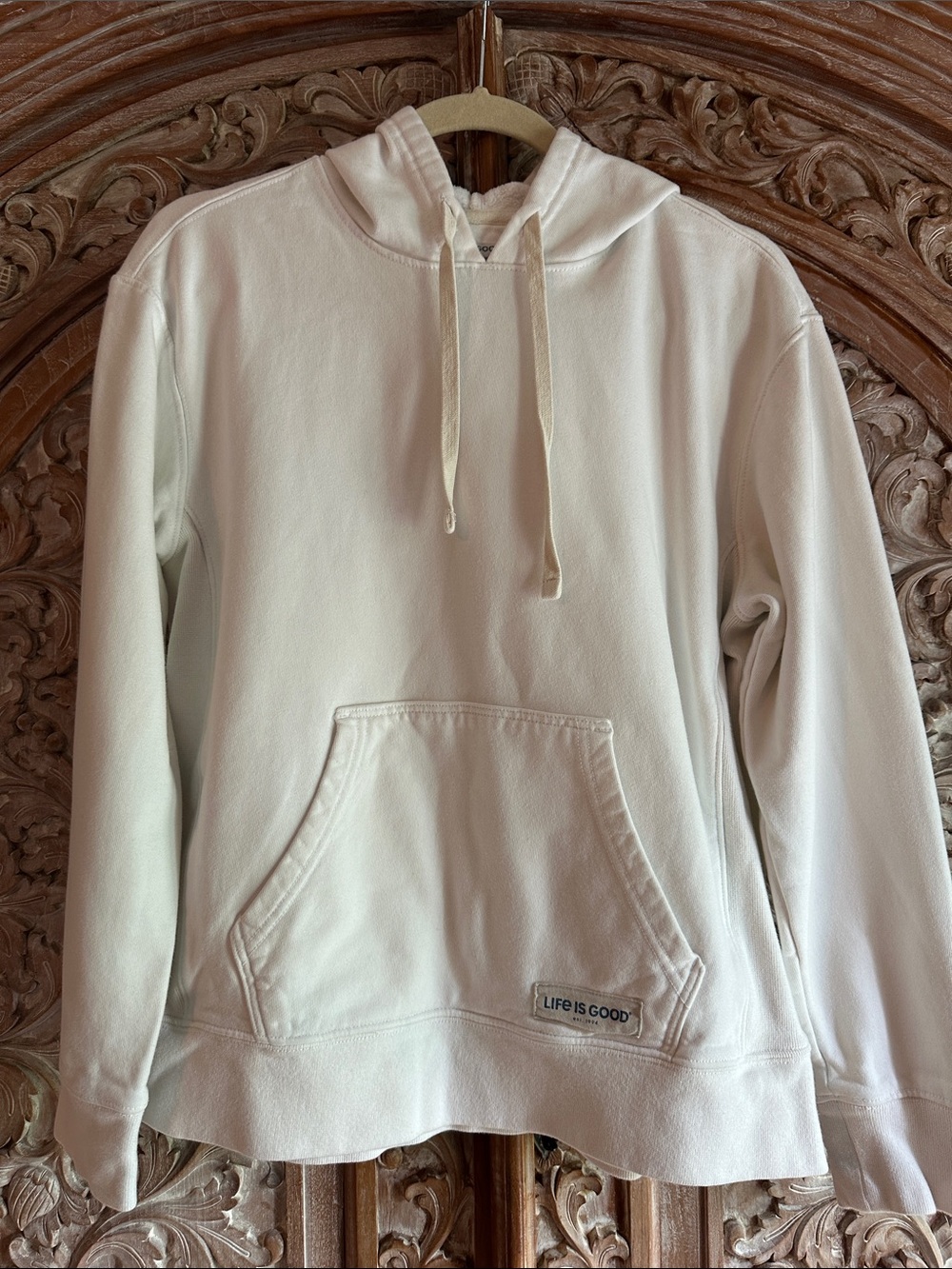 Life Is Good Beige Relaxed Hoodie with Logo Patch